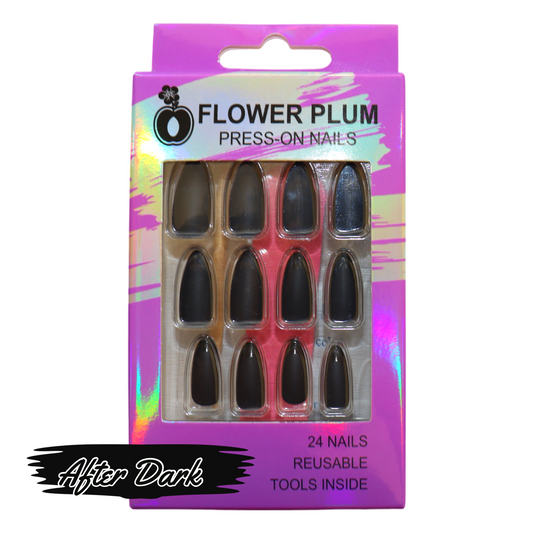 Matte black almond-shaped press-on nails with glossy French tip design, displayed in long length with a natural curve and smooth finish.