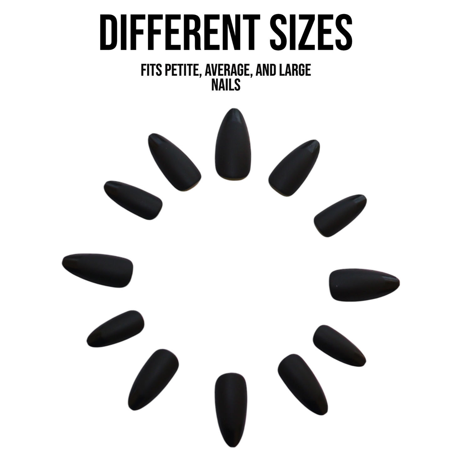 Black almond press-on nails in various sizes for all nail types, shown in a circle layout.