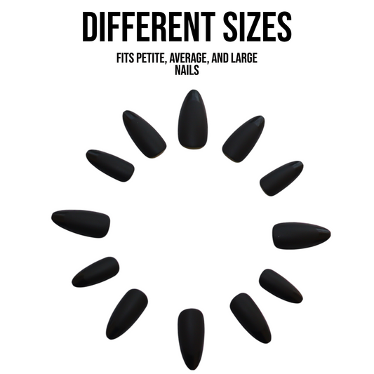 Black almond press-on nails in various sizes for all nail types, shown in a circle layout.