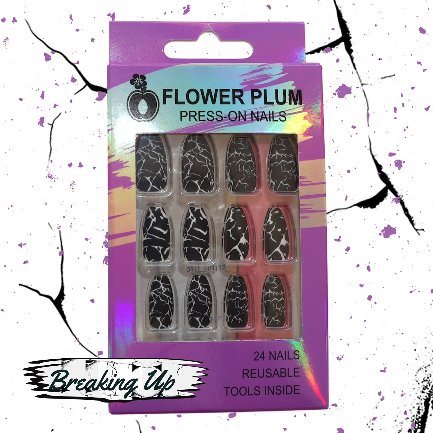 Breaking Up | Coffin Black and White Marble Medium Press-on Nail | Black and White | Matte| - Flower Plum -  - Breaking Up | Coffin Black and White Marble Medium Press-on Nail | Black and White | Matte| - Flower Plum -  - #original_alt_text#