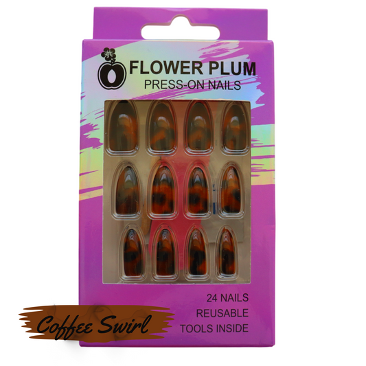 Coffee Swirl | Almond Brown Marble Medium Press-on Nails | Brown | Maroon | Gloss - Flower Plum - Press-on Nail - Coffee Swirl | Almond Brown Marble Medium Press-on Nails | Brown | Maroon | Gloss - Flower Plum -  - #original_alt_text#