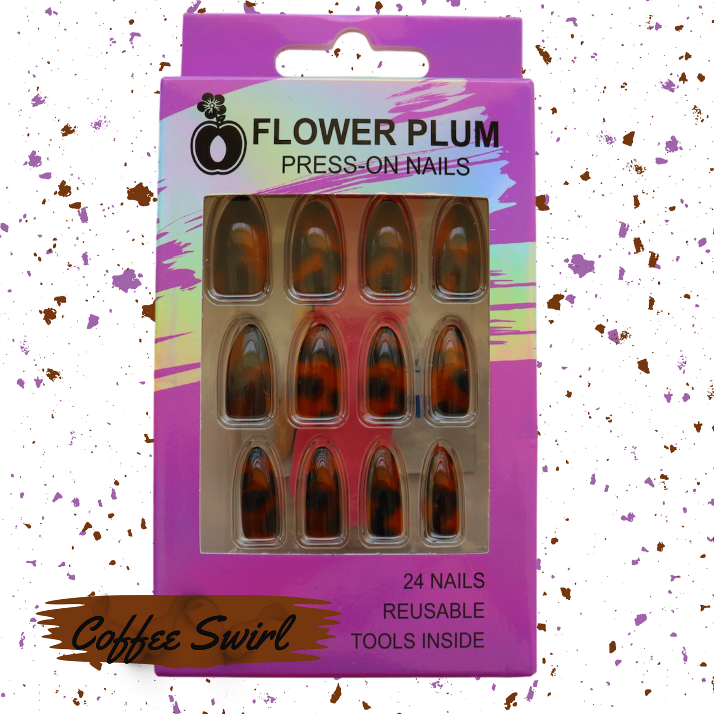 Coffee Swirl | Almond Brown Marble Medium Press-on Nails | Brown | Maroon | Gloss - Flower Plum -  - Coffee Swirl | Almond Brown Marble Medium Press-on Nails | Brown | Maroon | Gloss - Flower Plum -  - #original_alt_text#