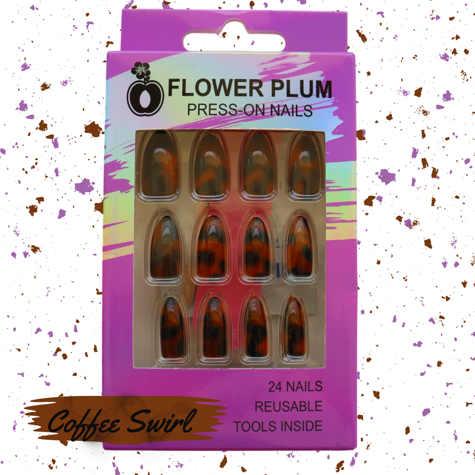 Coffee Swirl | Almond Brown Marble Medium Press-on Nails | Brown | Maroon | Gloss - Flower Plum -  - Coffee Swirl | Almond Brown Marble Medium Press-on Nails | Brown | Maroon | Gloss - Flower Plum -  - #original_alt_text#