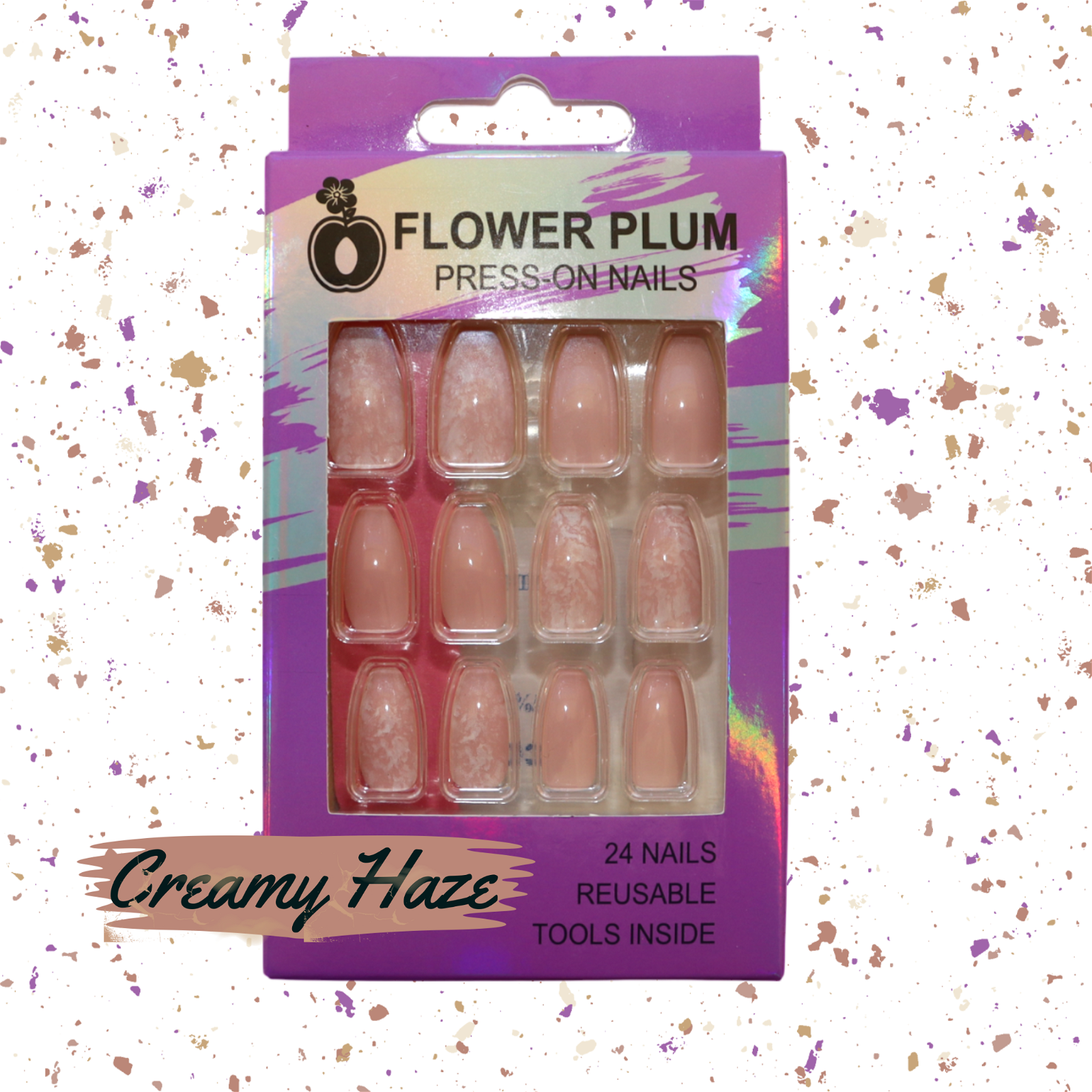 Creamy Haze | Coffin Baby Pink Marble Medium Press-on Nails | Pink |White - Flower Plum -  - Creamy Haze | Coffin Baby Pink Marble Medium Press-on Nails | Pink |White - Flower Plum -  - #original_alt_text#