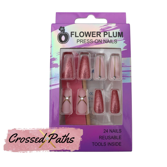 Long Glitter Baby Pink & Mauve Coffin Press-On Nails – Reusable, Salon-Quality, Easy to Apply