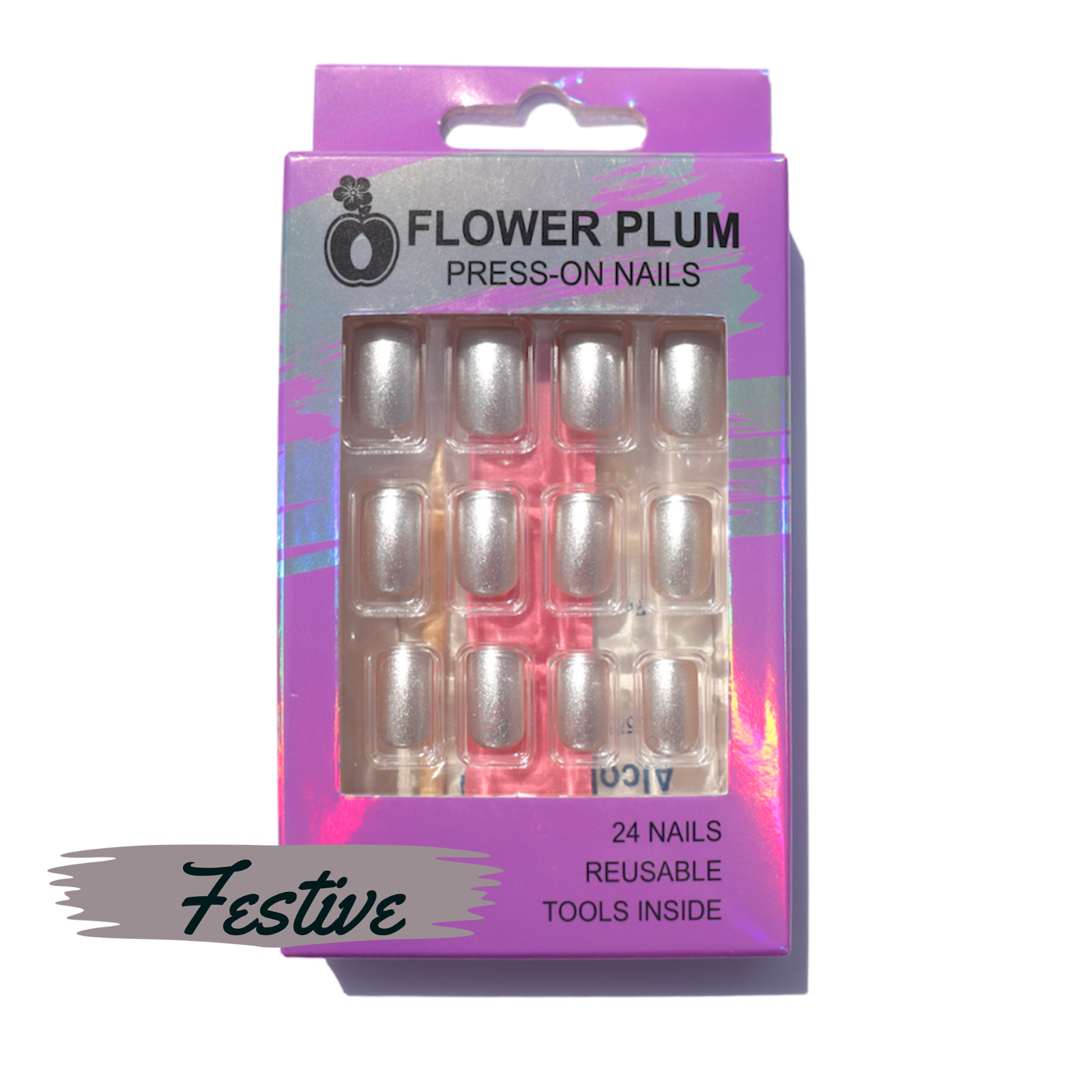 Festive silver short square press-on nails featuring a glittery matte and gloss finish, designed for a natural fit and easy at-home application.