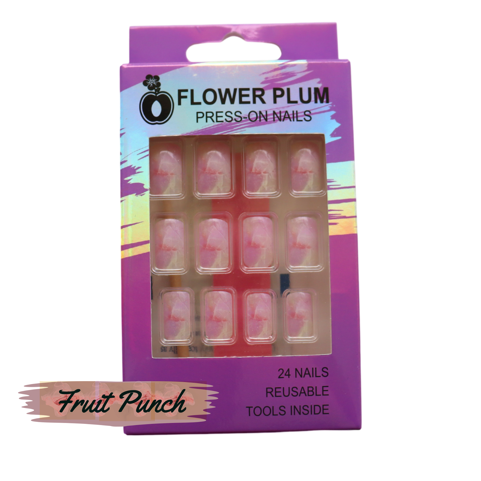Short square glossy press-on nails in a baby pink and white marble design arranged inside the packaging to show shape, finish, and color