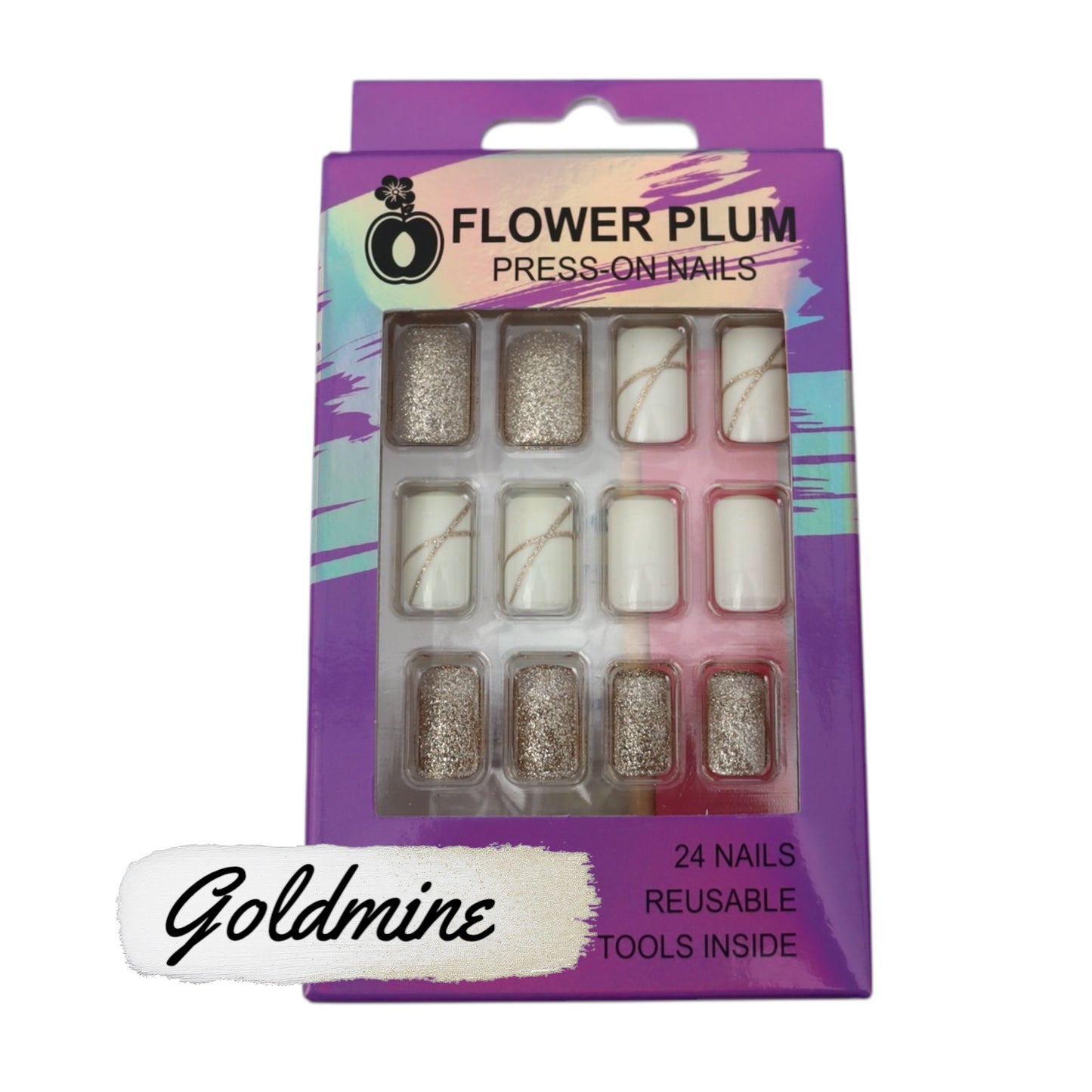 Short Square White & Gold Glitter Press-On Nails β Glossy Finish, Reusable & Lightweight for a Salon-Quality Look