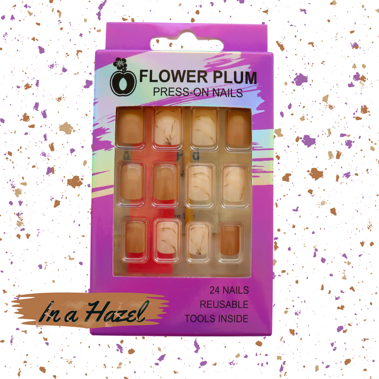 In a Hazel | Square White and Tan  Marble short Press-on Nail | Gloss - Flower Plum -  - In a Hazel | Square White and Tan  Marble short Press-on Nail | Gloss - Flower Plum -  - #original_alt_text#