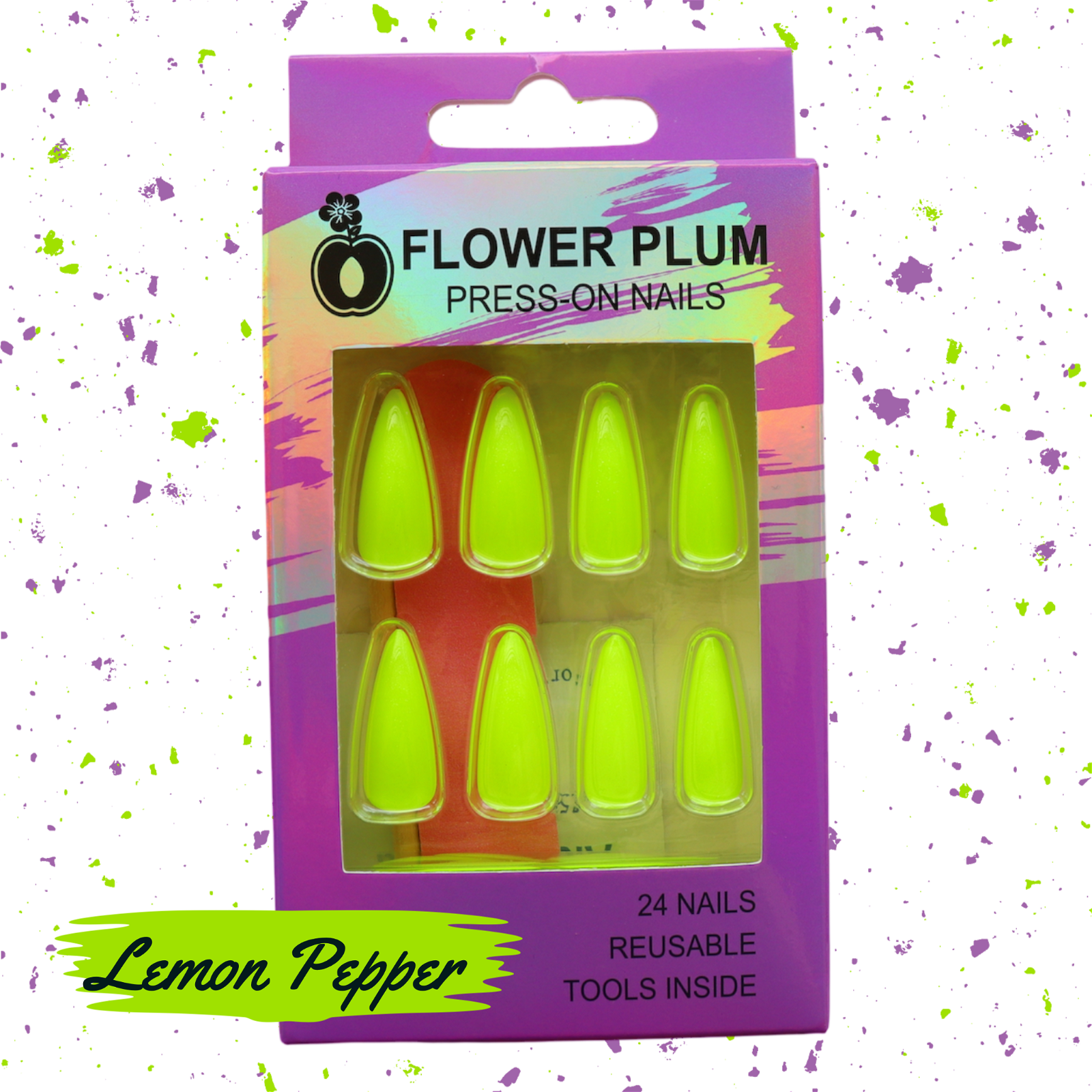 Lemon Pepper | Long Stiletto Press-on Nail | Neon Green |Gloss - Flower Plum -  - Lemon Pepper | Long Stiletto Press-on Nail | Neon Green |Gloss - Flower Plum -  - #original_alt_text#