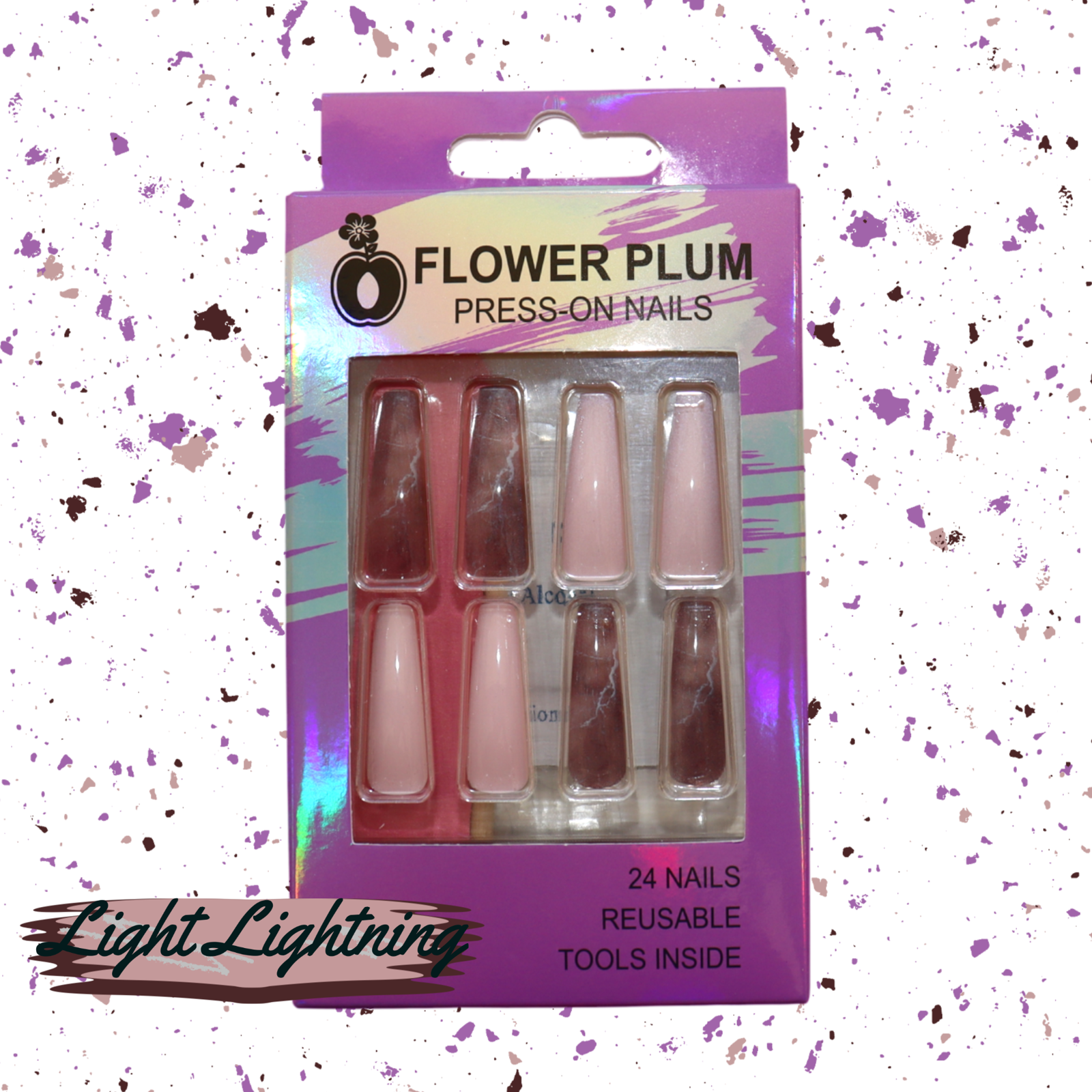 Light Lightning | Coffin Pink Marble Extra Long Press-on Nail | Brown |Baby Pink| - Flower Plum -  - Light Lightning | Coffin Pink Marble Extra Long Press-on Nail | Brown |Baby Pink| - Flower Plum -  - #original_alt_text#