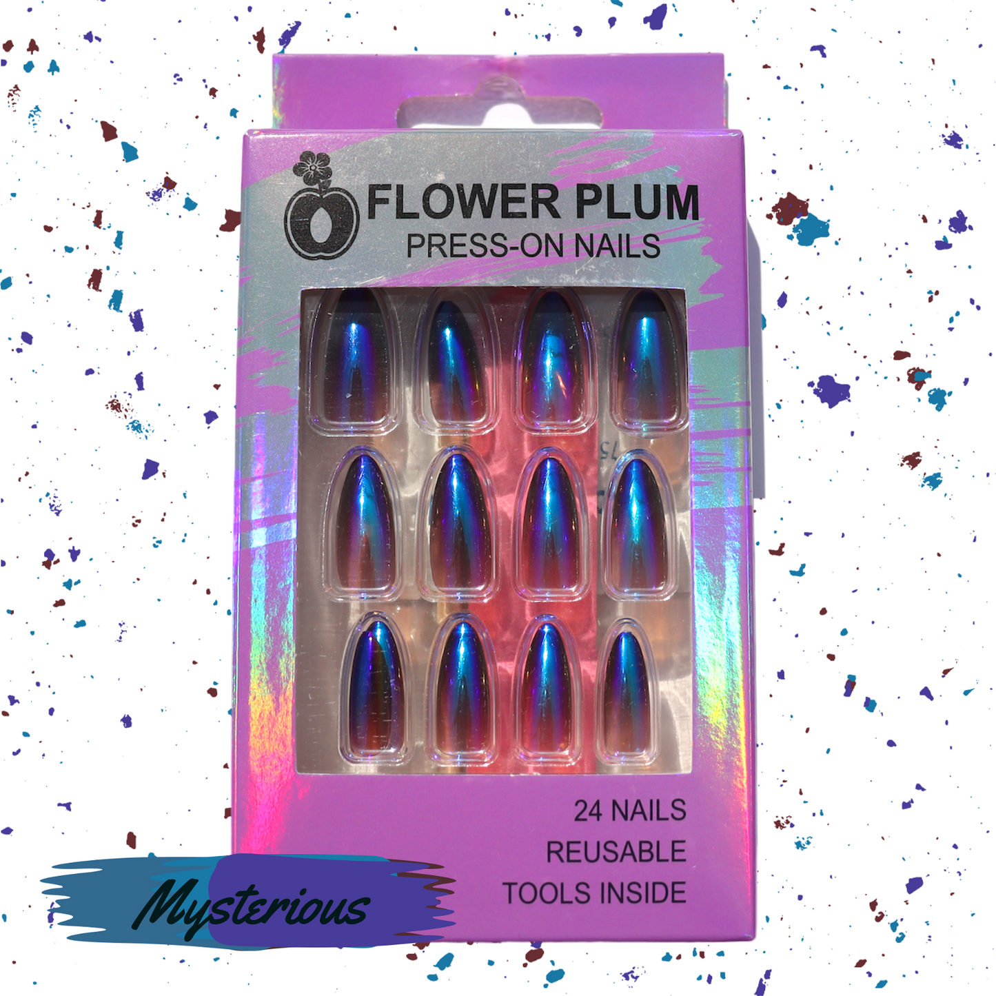 Mysterious | Almond Holographic Brown and Blue Medium Press-on Nails | Brown |Blue - Flower Plum -  - Mysterious | Almond Holographic Brown and Blue Medium Press-on Nails | Brown |Blue - Flower Plum -  - #original_alt_text#