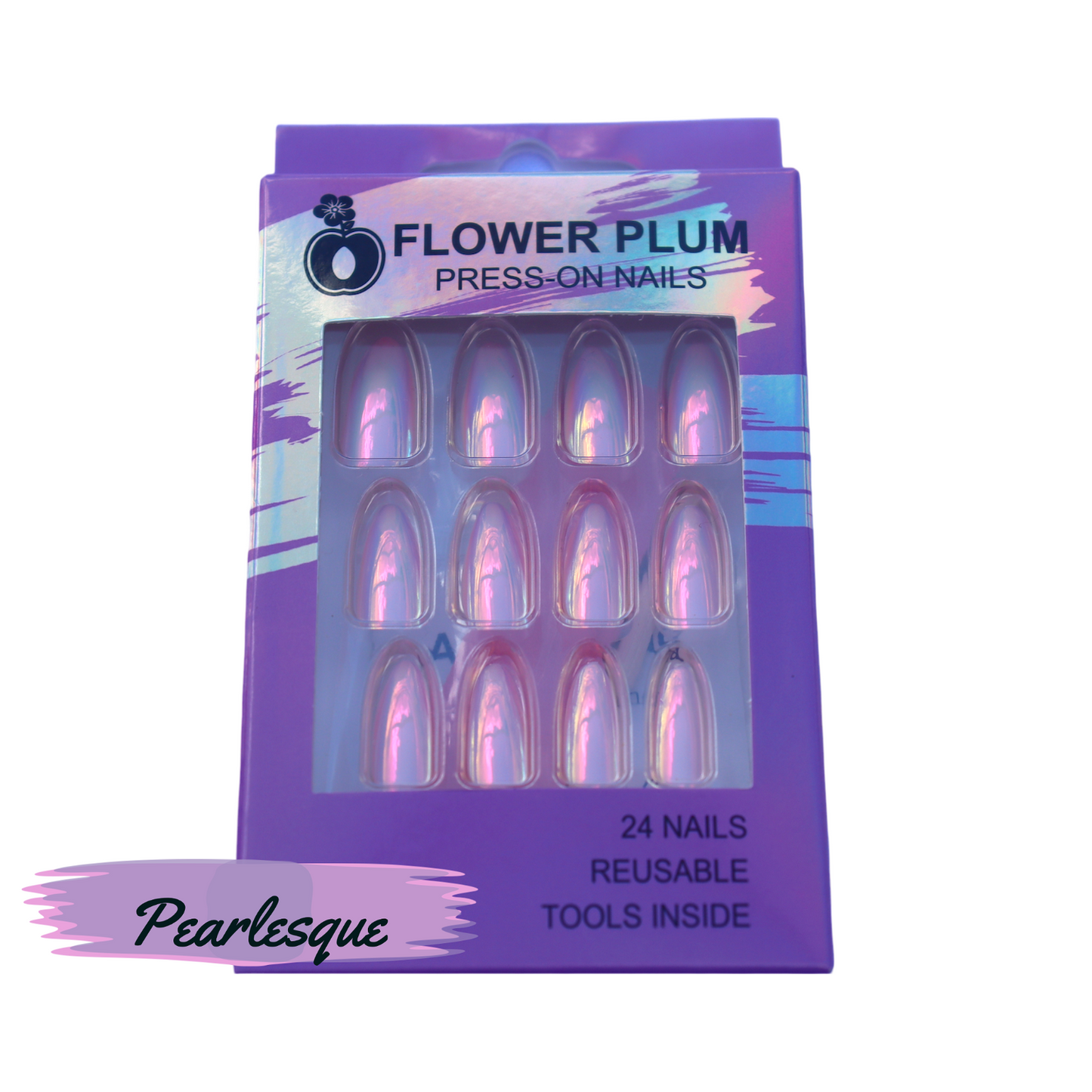 Pearlesque | Almond Holographic Pearl and Baby Pink Medium Press-on Nails | Pink |Pearl - Flower Plum - Press-on Nail - Pearlesque | Almond Holographic Pearl and Baby Pink Medium Press-on Nails | Pink |Pearl - Flower Plum -  - #original_alt_text#