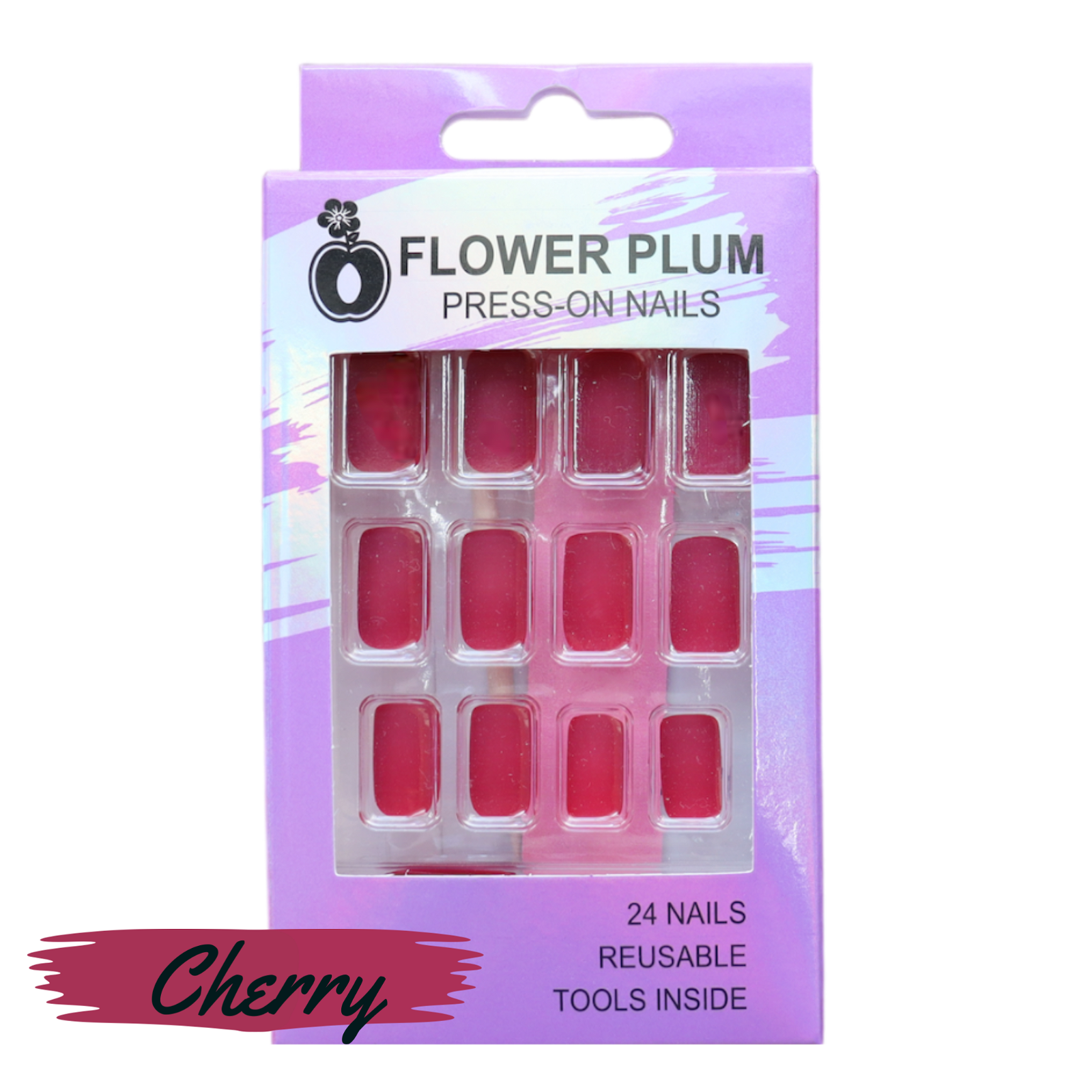 Short square matte cherry red press-on nails, displayed outside packaging to show rich color and smooth finish. Flower Plum short matte cherry red press-on nails displayed outside packaging with signature logo box.