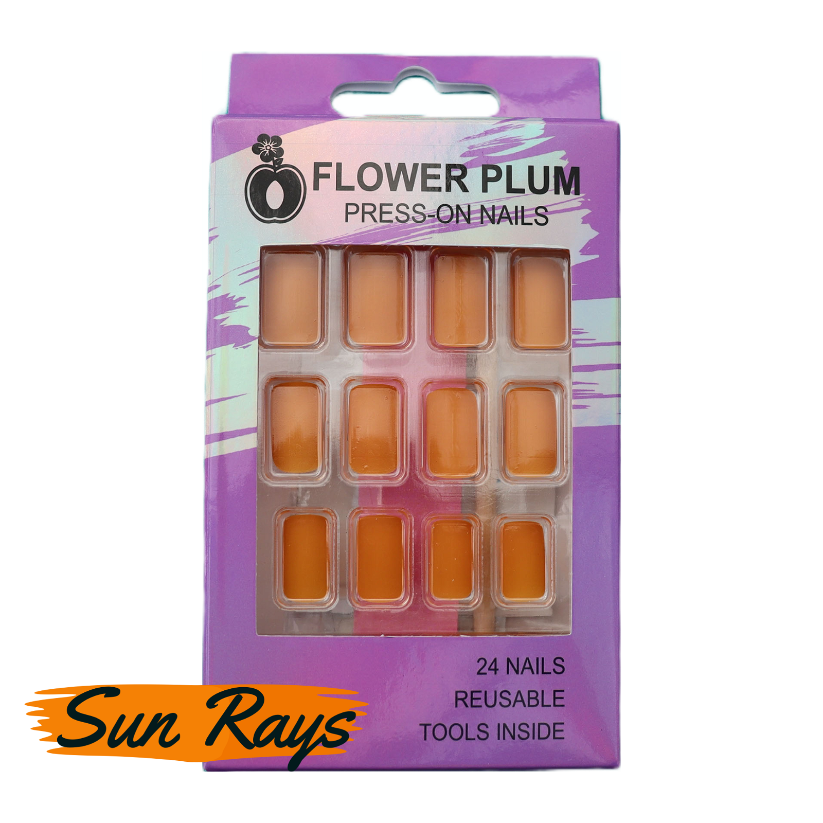 Short square mustard yellow matte press-on nails from Flower Plum laid out outside packaging with full color and shape display