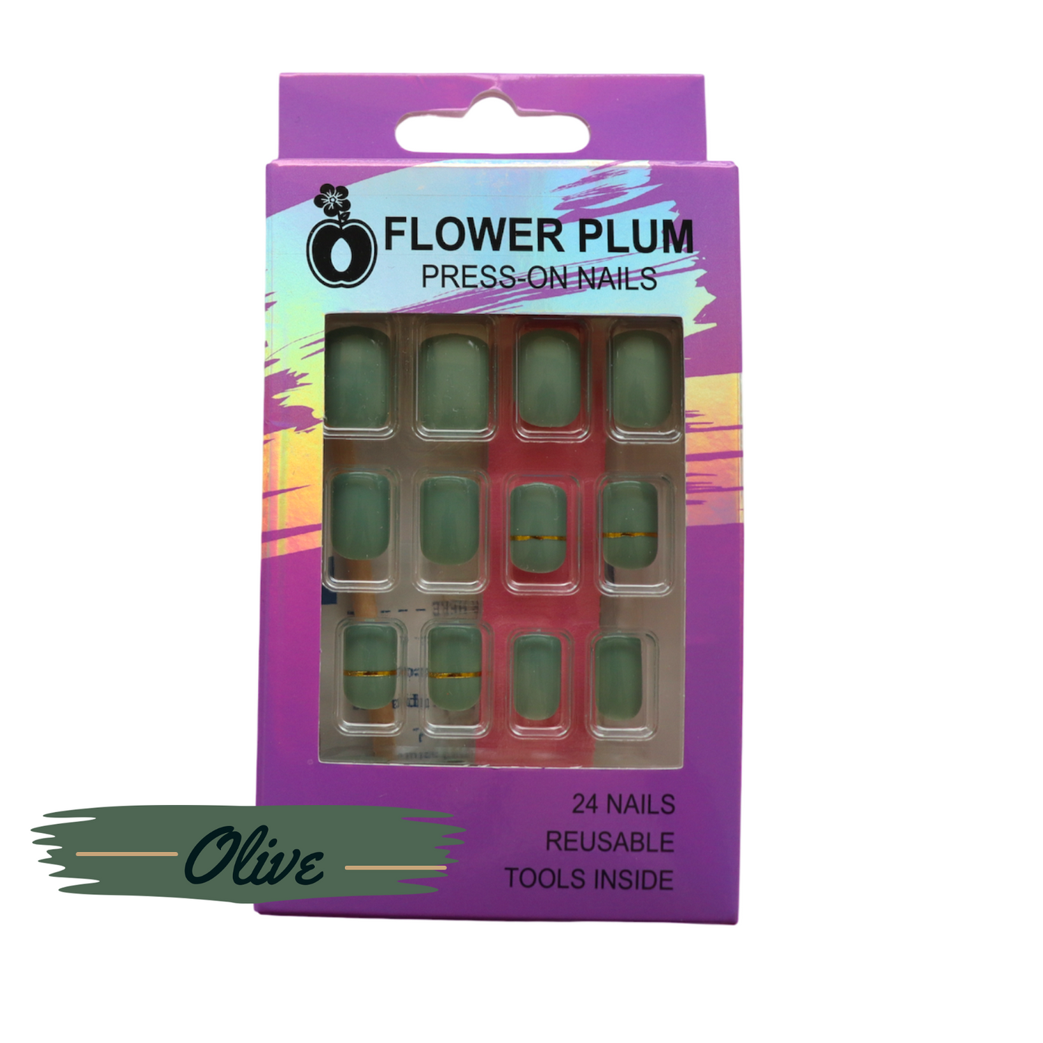 Short square olive green press-on nails with glossy finish and gold line detail, shown outside packaging for texture and shape clarity.