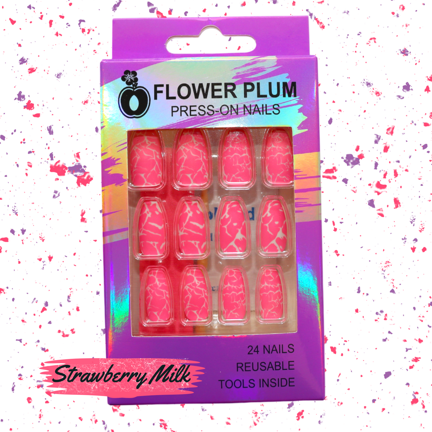 Strawberry Milk | Coffin Pink Marble Medium Press-on Nails | Pink and White| Matte - Flower Plum -  - Strawberry Milk | Coffin Pink Marble Medium Press-on Nails | Pink and White| Matte - Flower Plum -  - #original_alt_text#