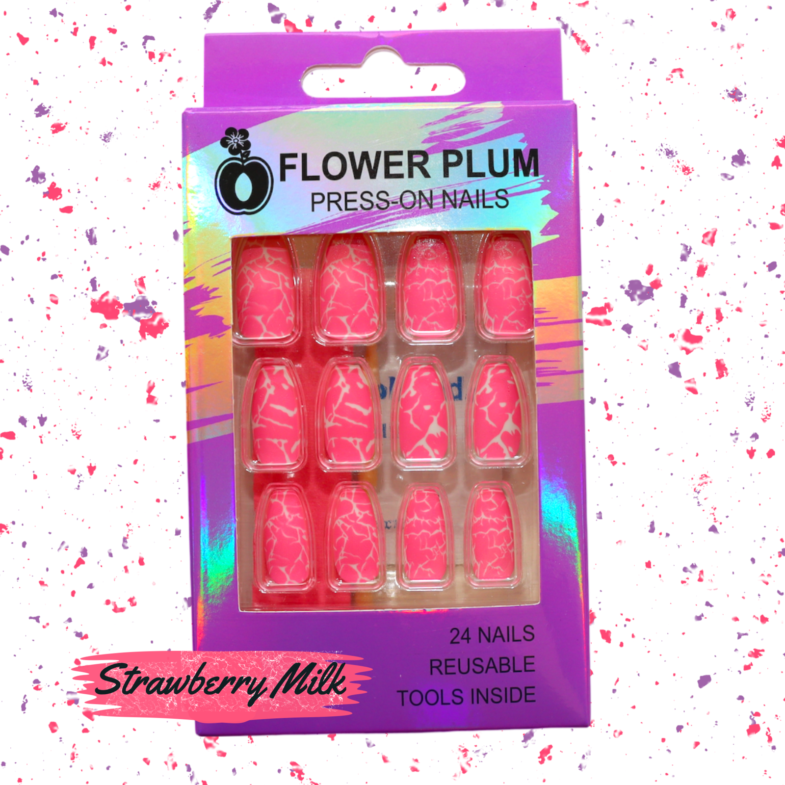 Strawberry Milk | Coffin Pink Marble Medium Press-on Nails | Pink and White| Matte - Flower Plum -  - Strawberry Milk | Coffin Pink Marble Medium Press-on Nails | Pink and White| Matte - Flower Plum -  - #original_alt_text#