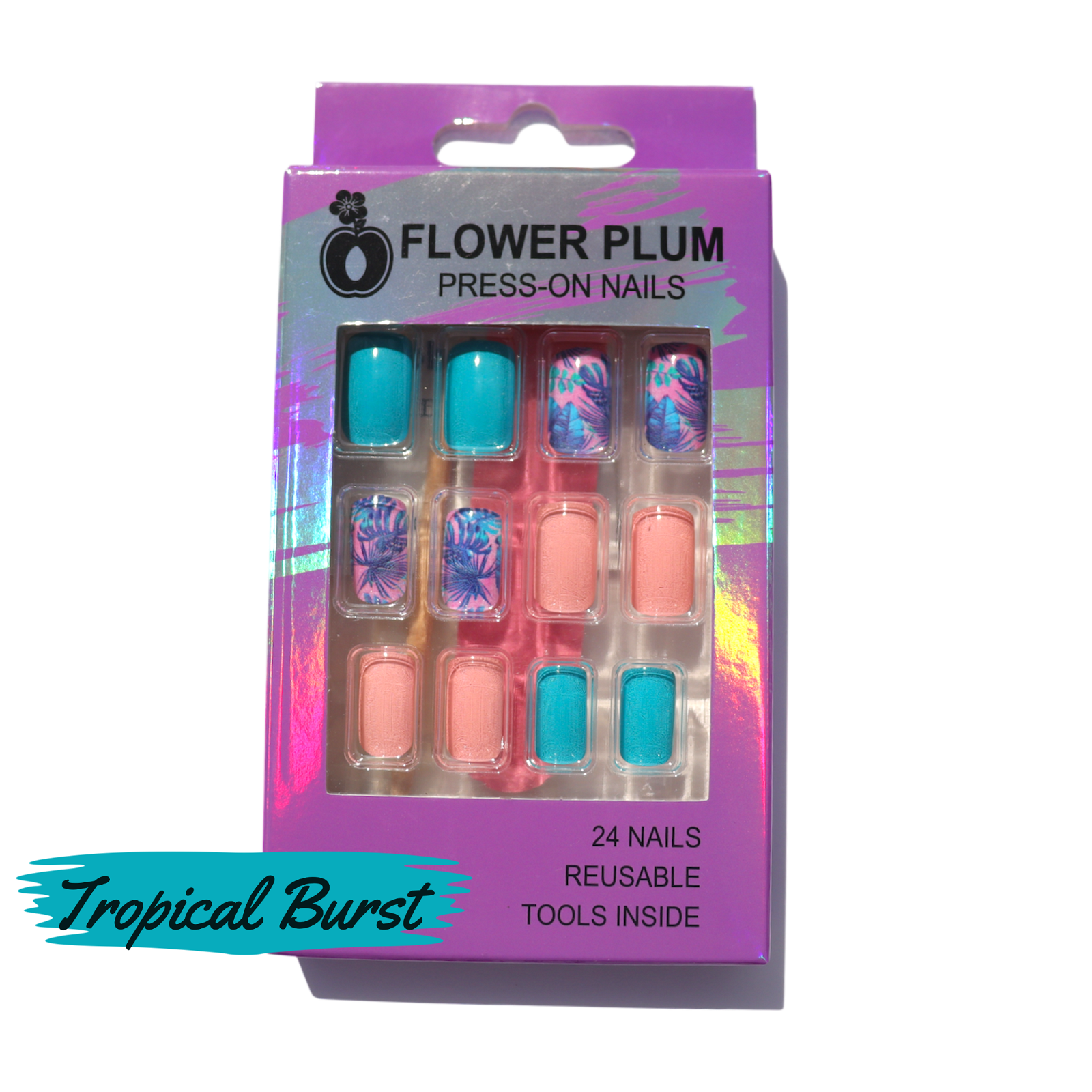 Short square glossy pink and blue marble press-on nails arranged inside the packaging to show design, color, and shape clearly.