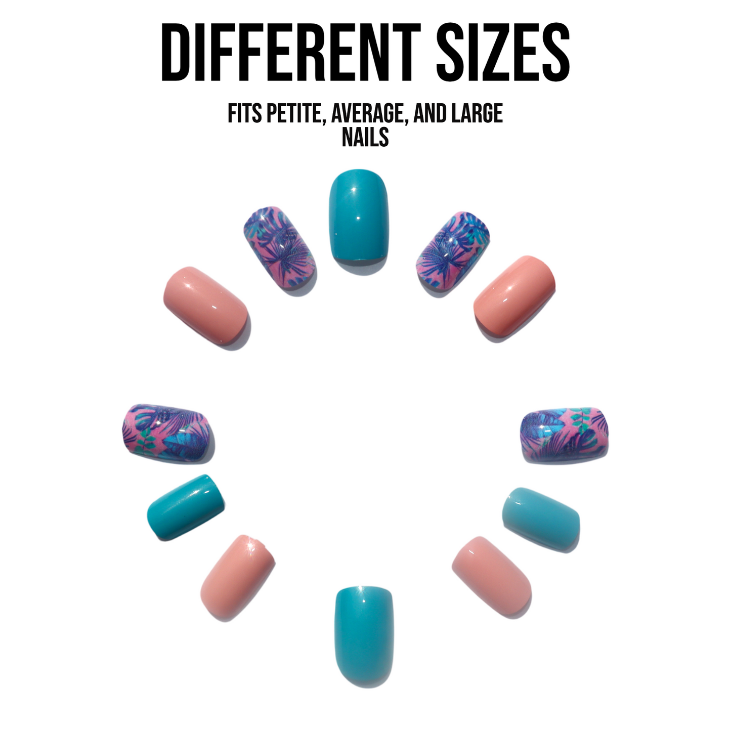 Short square glossy pink and blue marble press-on nails arranged in a circle outside the packaging to show design, color, and shape clearly.