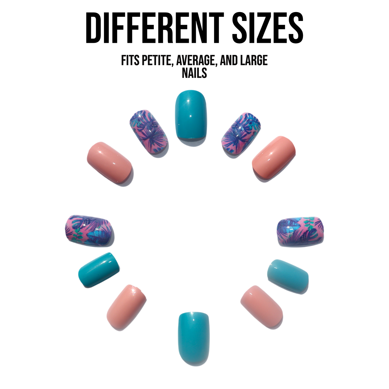 Short square glossy pink and blue marble press-on nails arranged in a circle outside the packaging to show design, color, and shape clearly.