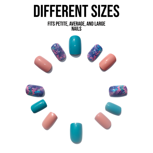 Short square glossy pink and blue marble press-on nails arranged in a circle outside the packaging to show design, color, and shape clearly.