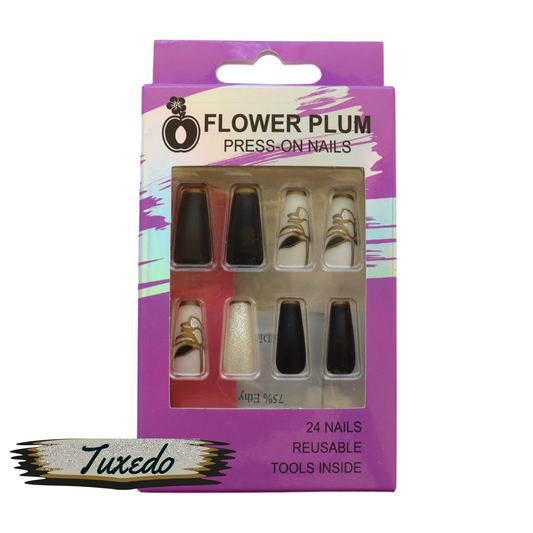 Tuxedo | Coffin Press-on Nail | Long | Black and White | Matte | Gold French tip - Flower Plum - Press-on Nail - Tuxedo | Coffin Press-on Nail | Long | Black and White | Matte | Gold French tip - Flower Plum -  - #original_alt_text#