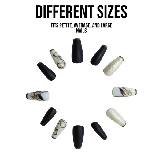 Tuxedo | Coffin Press-on Nail | Long | Black and White | Matte | Gold French tip - Flower Plum -  - Tuxedo | Coffin Press-on Nail | Long | Black and White | Matte | Gold French tip - Flower Plum -  - #original_alt_text#