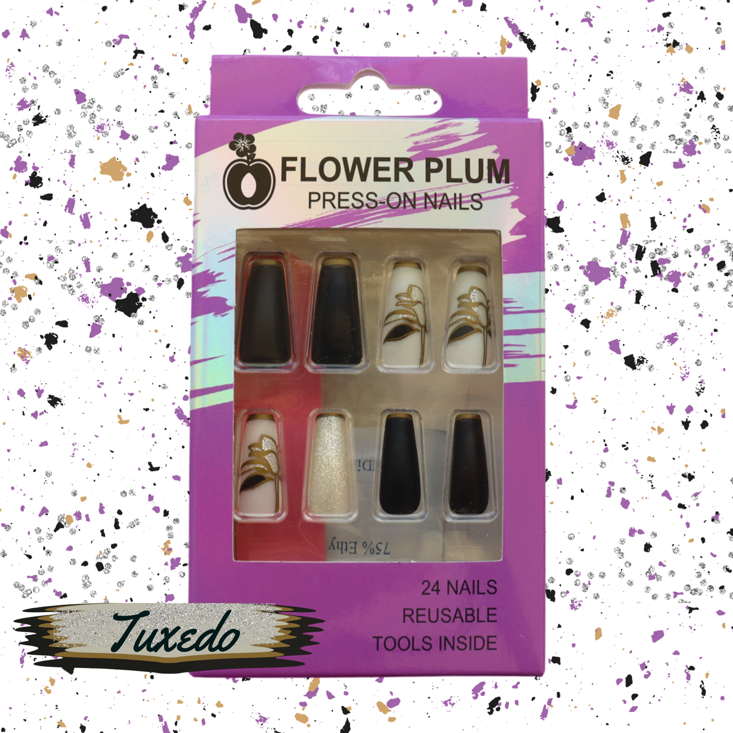 Tuxedo | Coffin Press-on Nail | Long | Black and White | Matte | Gold French tip - Flower Plum -  - Tuxedo | Coffin Press-on Nail | Long | Black and White | Matte | Gold French tip - Flower Plum -  - #original_alt_text#