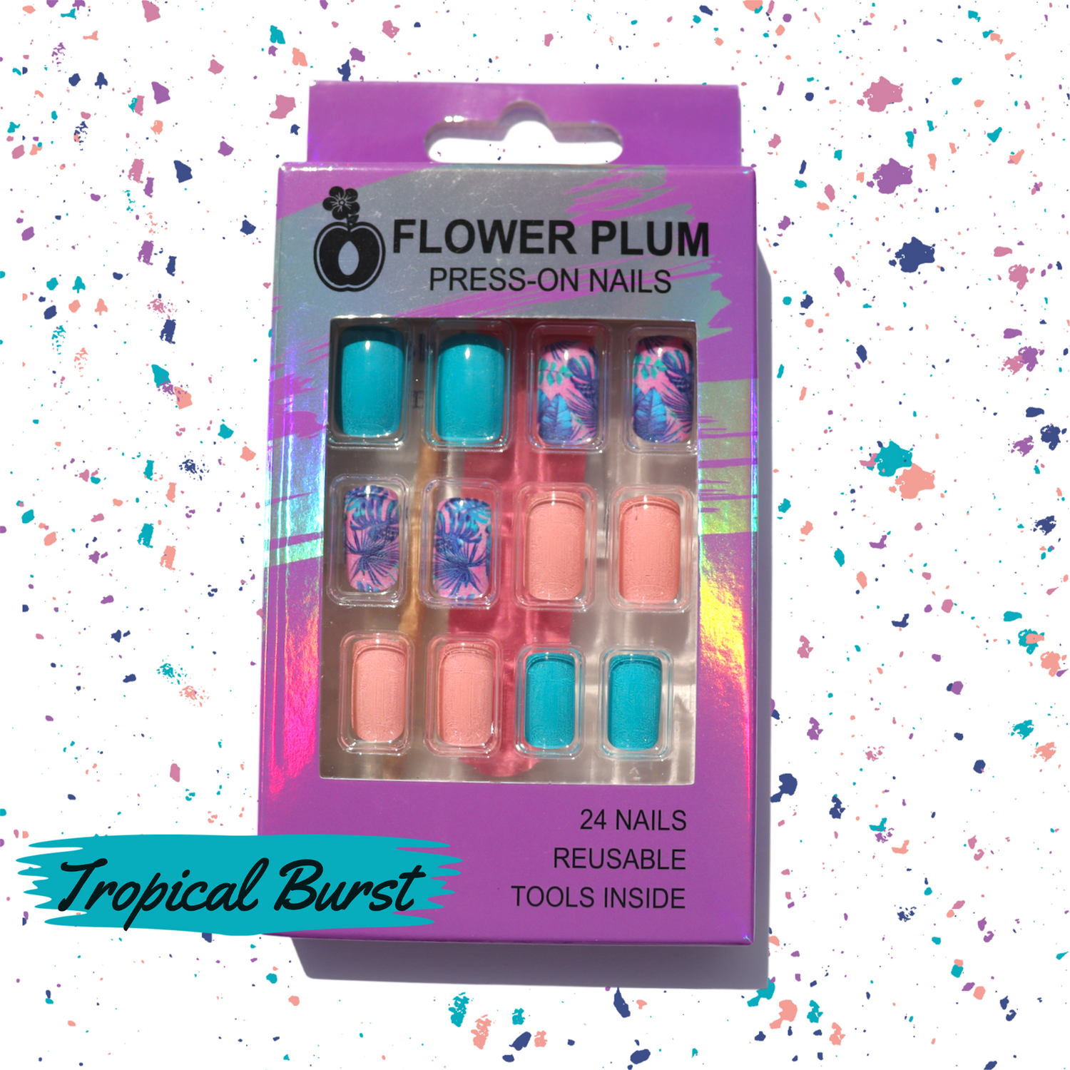 Short Press-On Nails – Tropical Pink and Blue Perfect for Beginners