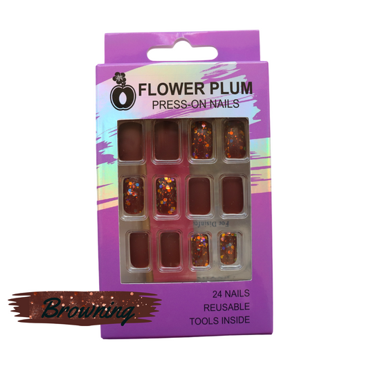 Browning | Oval Brown Short Press-on Nails with Glitter detail | Matte - Flower Plum - Press-on Nail - Browning | Oval Brown Short Press-on Nails with Glitter detail | Matte - Flower Plum -  - #original_alt_text#  