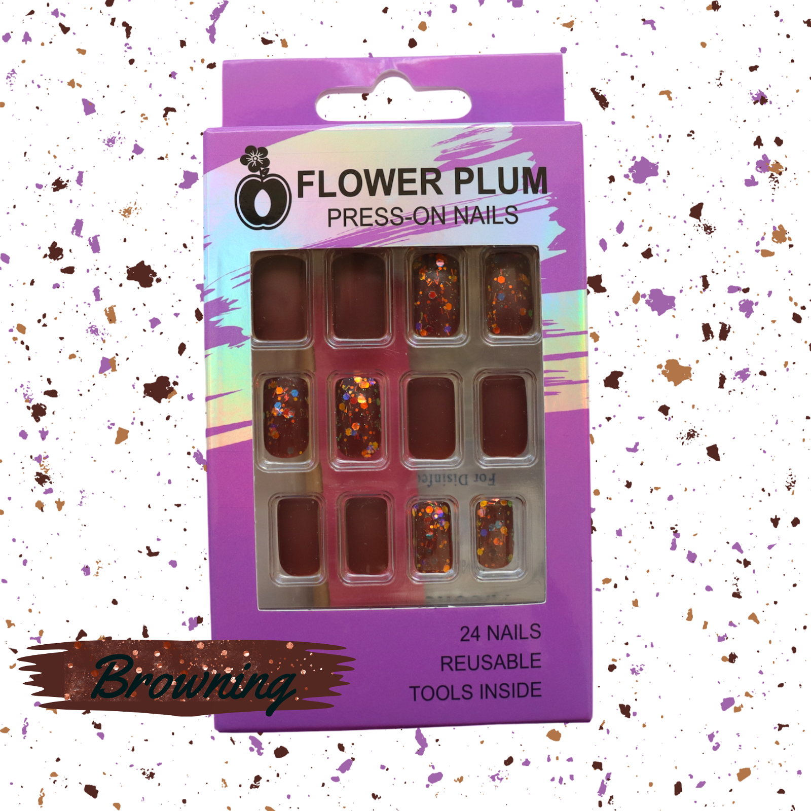 Browning | Oval Brown Short Press-on Nails with Glitter detail | Matte - Flower Plum -  - Browning | Oval Brown Short Press-on Nails with Glitter detail | Matte - Flower Plum -  - #original_alt_text#  