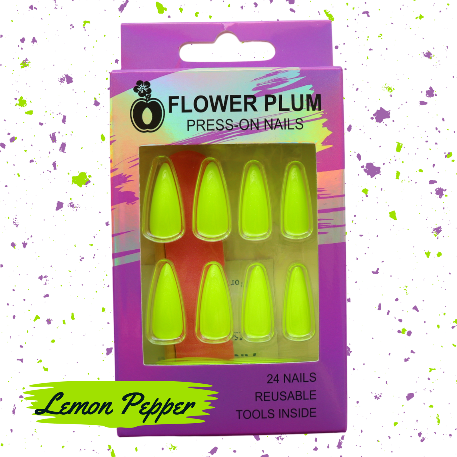 Lemon Pepper | Long Stiletto Press-on Nail | Neon Green |Gloss - Flower Plum -  - Lemon Pepper | Long Stiletto Press-on Nail | Neon Green |Gloss - Flower Plum -  - #original_alt_text#  